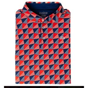 New Good Good Golf Check Me Out Polo Shirt Mens Small Red Blue Geometric Print